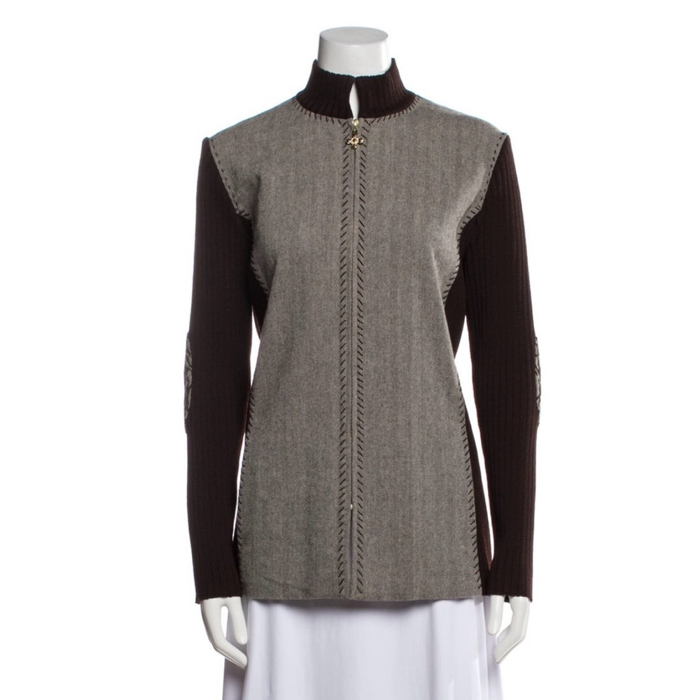 St. John Sport Brown Colorblock Whipstitch Trim & Stand Collar - Jacket Sz. S